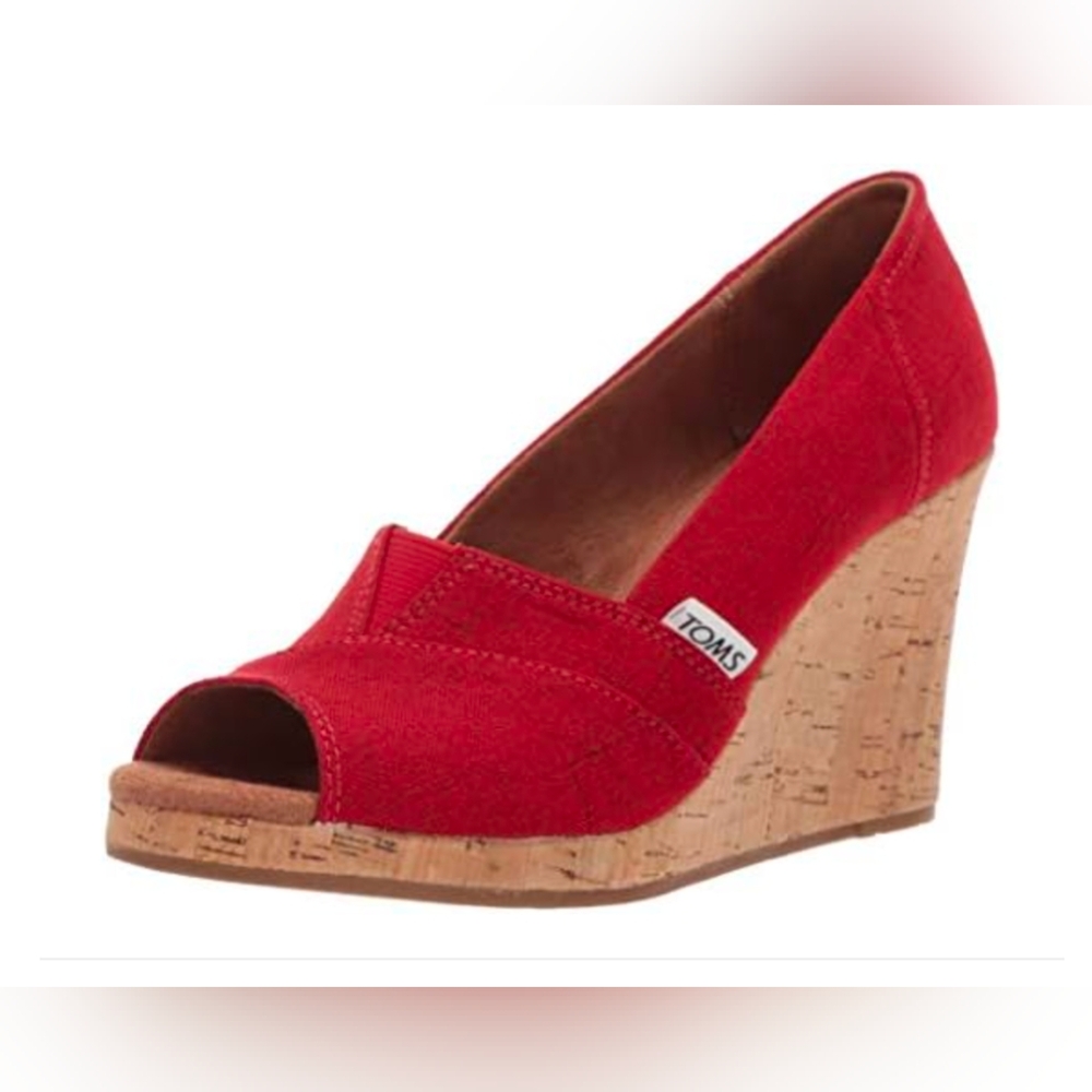 Toms Peep-toe Crosshatch Red Canvas Cork Vibrant Wedge Sandal Womens Size 8
